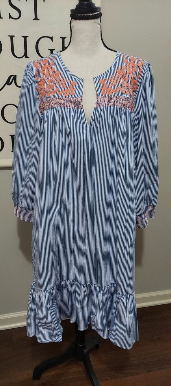 J.Crew Leda Embroidered Ruffle Hem Popover Dress Blue White Stripe Women's M